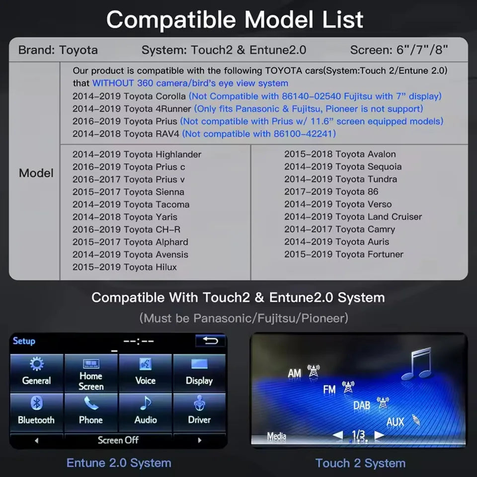 AUTOABC 2025 Wireless Carplay For Toyota Auris C-HR  2014-2018 with Android Auto Mirror Link AirPlay Functions
